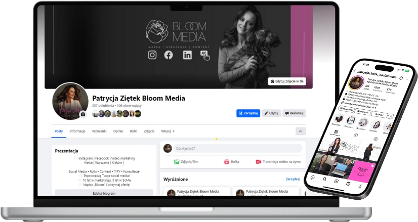 Laptop z przykładem prowadzenia kont social media